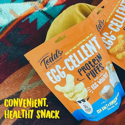 Todd's Better Snacks Egg-Cellent Protein Puffs, Sea Salt & Vinegar – 12g Protein, Gluten-Free, Paleo-Friendly, Baked, GLP-1 Compliant – Healthy Snack, Made with Egg Whites – 2.5 Oz (Pack of 4)