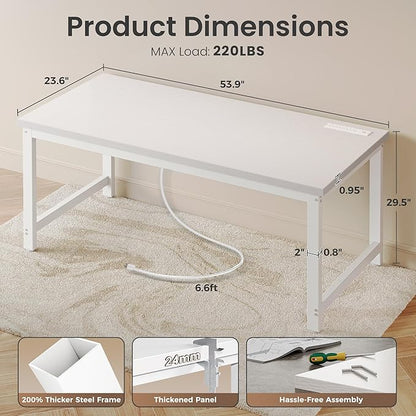 Huuger 55 x 24 inch Desk with Power Outlets & USB-C, Deeper & Thicker Desktop, Robust Metal Tubes, Computer Desk, Heavy Duty Office Desk, Work Gaming Desk for Home Office, White