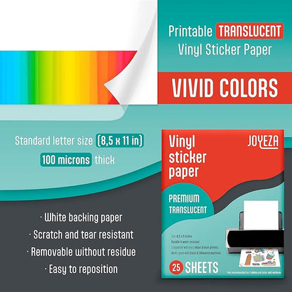JOYEZA Premium Printable Vinyl Clear Sticker Paper for Inkjet Printer - 25 Sheets Translucent Waterproof, Dries Quickly Vivid Colors, Holds Ink Well - Inkjet & Laser Printer