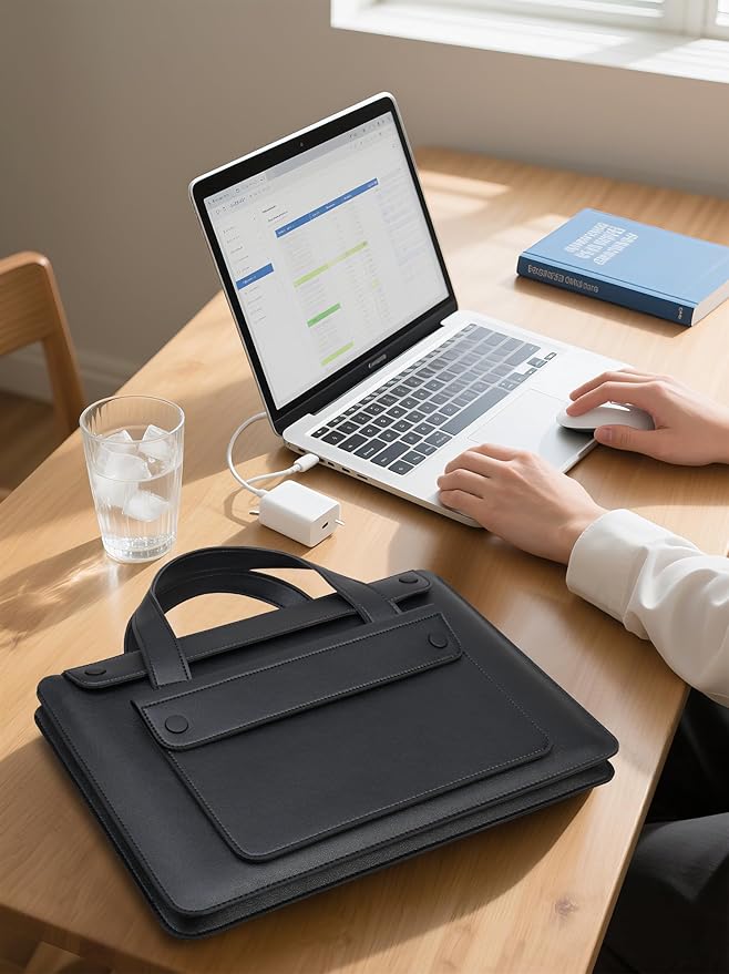 Lacdo 14 Inch Laptop Sleeve Case Bag for HP 14" Laptop, Lenovo Dell ASUS Acer Chromebook 14, HP Stream 14, Dell Latitude 14, ASUS Vivobook 14, Leather Computer Bag with 3 Compartments & Handle, Black