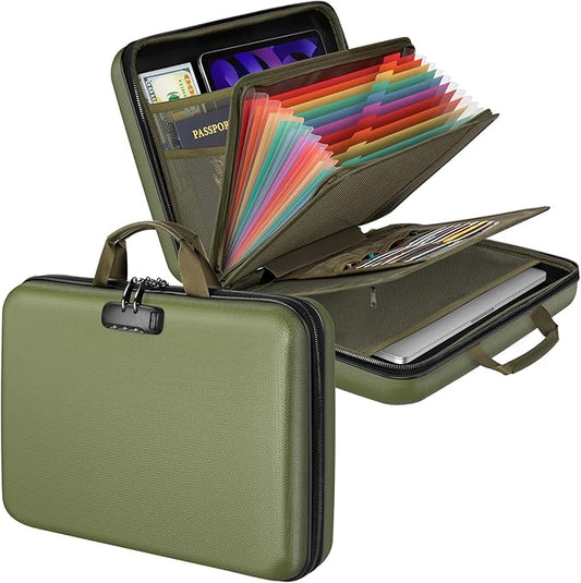 Fireproof Document Organizer with Lock, File Organizer Safe Box Fireproof Waterproof, Hard Shell Fire Proof Document Bag with 13 Pocket Accordion File Folders, Home Storage Office Organization