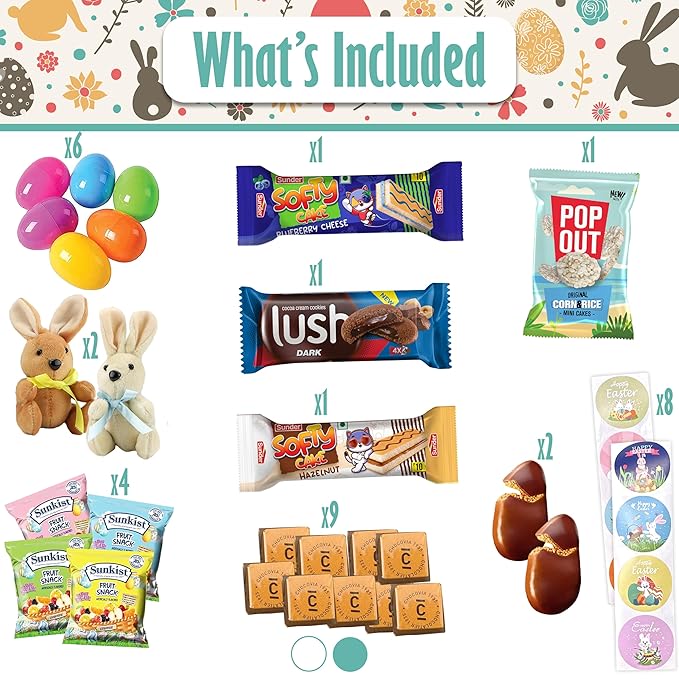 Easter Snack Brown Basket (50 Count) Filled with Treats, Candy, Peelable Gummies, Marshmallow Gummies, Bunny and More, Great Package for Family, Friends, Boys and Girls