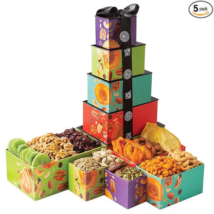 Oh! Nuts 5 Tier Gift Tower - 12 Assorted Dried Fruits and Nuts Gift Basket - Gourmet Healthy Snack Boxes for Holiday, Birthday, Thank You, Corporate Gifting, Parties & Family Celebrations