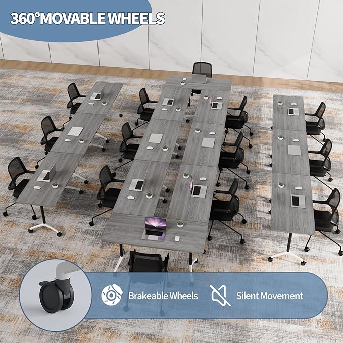 Conference Table, Foldable Conference Room Tables with Silent Wheels, Folding Modular Seminar Meeting Tables, Modern Rectangle Training Table for Office, Boardroom (8, Grey, 70.8)