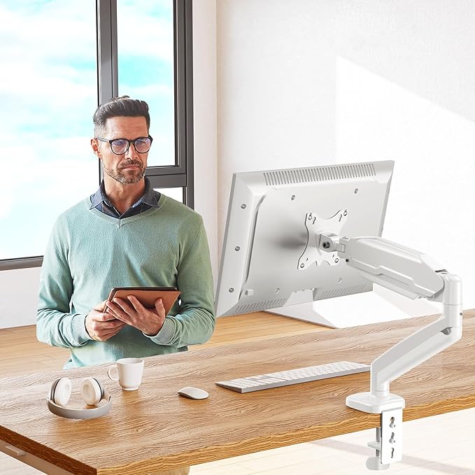 MOUNT PRO Single Monitor Desk Mount - Articulating Gas Spring Arm, Removable VESA Mount for Computer Monitor Stand with Clamp and Grommet Base Fits 13 to 32 Inch Screen, VESA 75x75, 100x100, White
