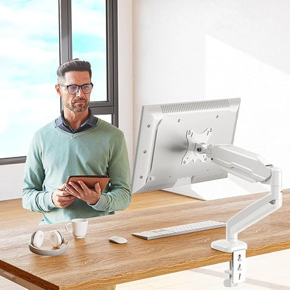 MOUNT PRO Single Monitor Desk Mount - Articulating Gas Spring Arm, Removable VESA Mount for Computer Monitor Stand with Clamp and Grommet Base Fits 13 to 32 Inch Screen, VESA 75x75, 100x100, White