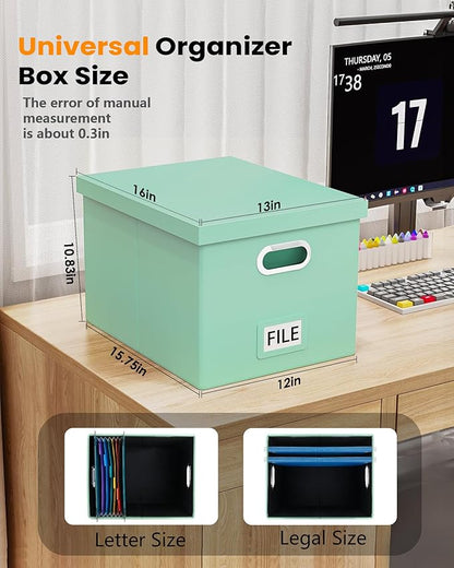 2 Pack File Storage Organizer Box,Portable File Box with Lid,Fit for Letter/Legal File Folder Storage, Mint-green(Leather)