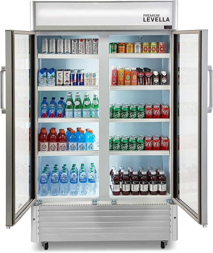 PremiumLevella PRN2110DX Glass Door Display Refrigerator 21.1 cu ft Commercial Beverage Cooler Merchandiser With Customizable Lightbox - Silver