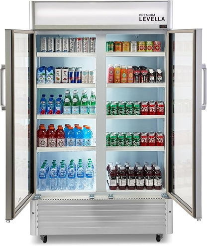 PremiumLevella PRN2110DX Glass Door Display Refrigerator 21.1 cu ft Commercial Beverage Cooler Merchandiser With Customizable Lightbox - Silver