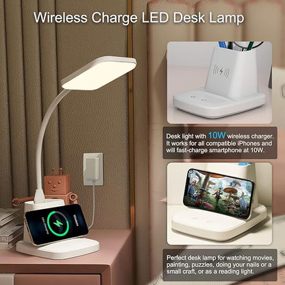 Sailstar Upgraded LED Desk Lamp with Wireless Charger, White Small Desk Light with Pen Holder, 3 Color Modes, CRI 85, 800 Lumen, Study Lamps for College Dorm Room, Home Office, Adapter Included
