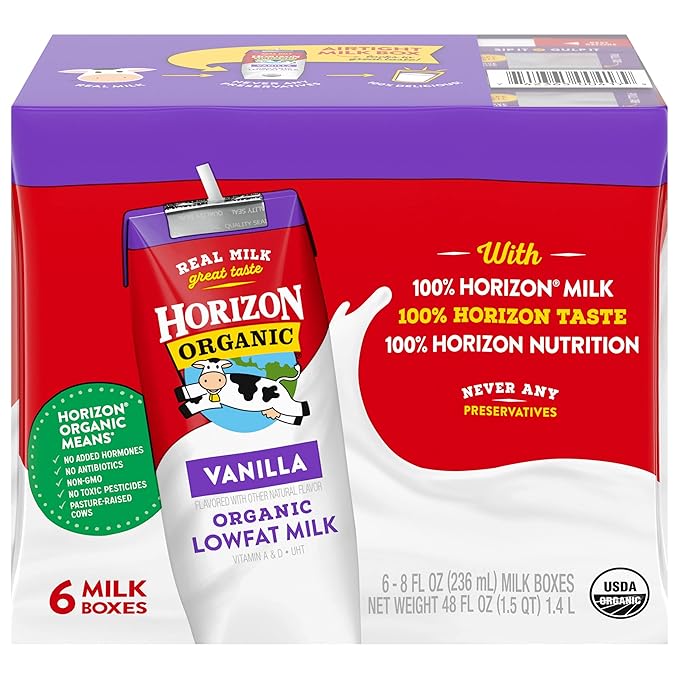 Horizon Organic Shelf Stable 1% Lowfat Vanilla Milk Boxes, 8 fl oz, 6 Count - 8g Protein per Serving, USDA Organic UHT, Ready to Drink for Lunchbox, Travel, or On-the-Go, No Refrigeration Needed