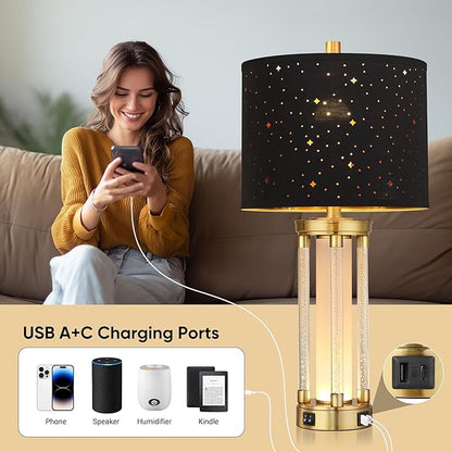 QiMH Gold Table Lamps Set of 2 with USB A+C Ports, Morden Bedside Lamps with Night Light, Unique Star Hallow Black Shade Lamp for Night Stands, Lamps for Bedroom, Office and End Tables(Bulb Included)