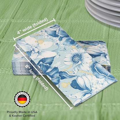SimuLinen Blue Garden Floral Disposable Hand Towels for Bathroom, Single-Use Linen-Feel Guest Towels, Hand Tissue Paper, Cloth-Like Paper Napkins, Pack of 500