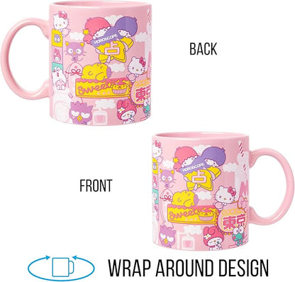 Silver Buffalo Sanrio Hello Kitty and Friends Kawaii Tokyo Theme Featuring Little Twin Stars, Chococat, My Melody, Keroppi, Badtz-Maru, and Pompompurin Ceramic Mug, 20 Ounces