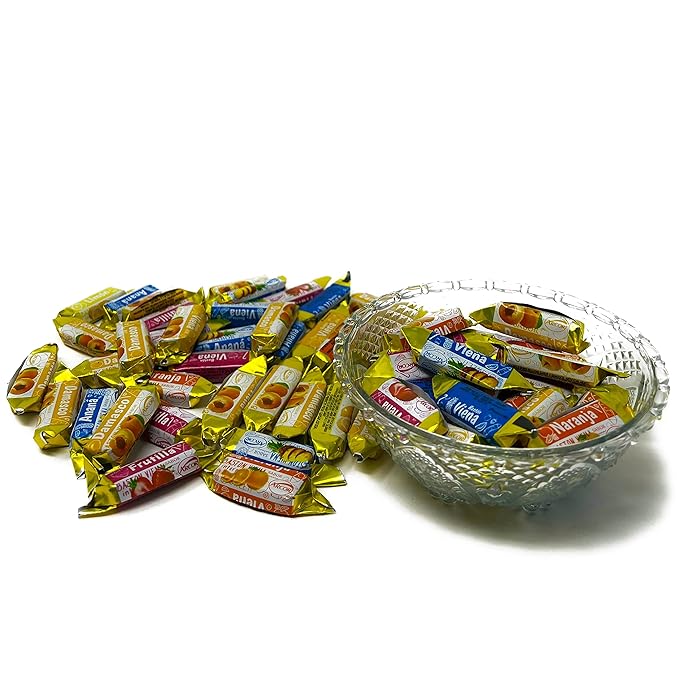Holiday Fruity Hard Candy Filled With Real Fruit Pulp - 1 lbs - Peach, Strawberry, Pineapple, Orange and Lemon Flavored Bon Bons Filled with Real Fruit Pulp - American Vintage Candy Snack Assortment - Individually Wrapped, 16 oz.
