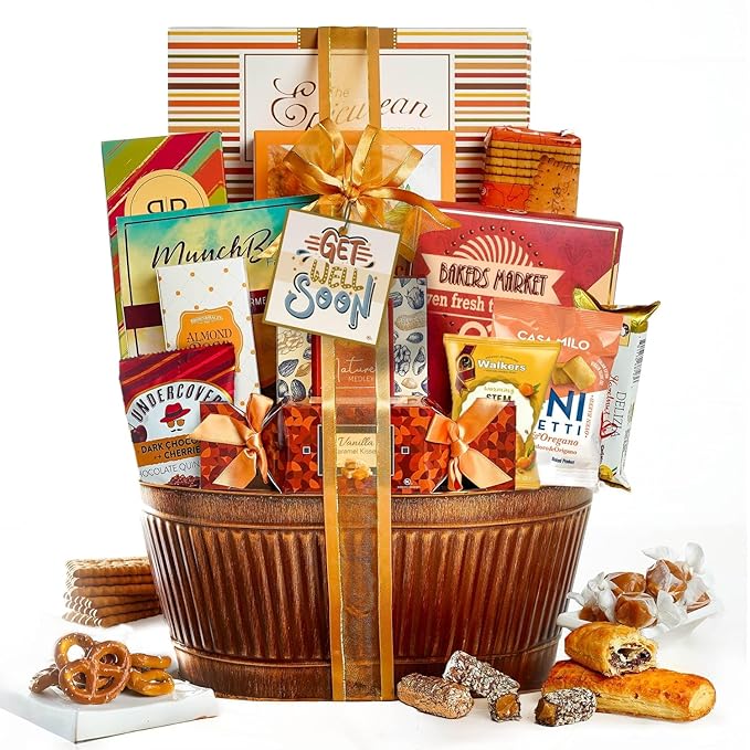 Broadway Basketeers Get Well Basket – Gourmet Care Package with Snacks, Cookies, Chocolates & Treats - Get Well Soon Gift Baskets for Women, Men After Surgery - Feel Better Best Food Gifts to Send
