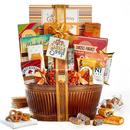 Broadway Basketeers Get Well Basket – Gourmet Care Package with Snacks, Cookies, Chocolates & Treats - Get Well Soon Gift Baskets for Women, Men After Surgery - Feel Better Best Food Gifts to Send