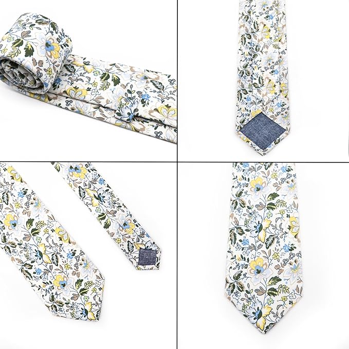 Cotton Floral Ties for Men 2.76" Men's Skinny Tie Linen Flower Printed Neck Tie for Wedding Dating Party