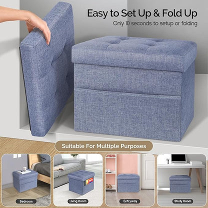 Storage Ottoman,Folding Ottomans with Storage,Linen Ottoman Foot Rest with Pocket,Foot Stool with Thicker Foam Padded for Living Room,Bedroom,Office,Dorm,287 lb Load Capacity,17x13x13in,Blue