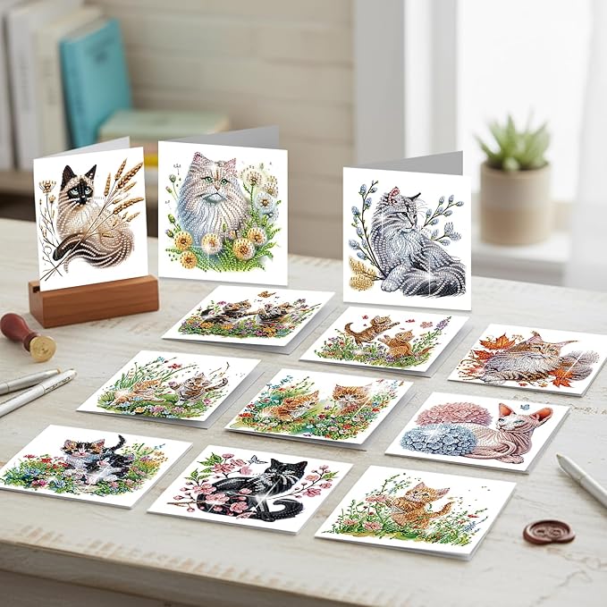 jinglinhh 12pcs Sphynx Cat Diamond Art Painting Kitten in the Flower Garden Greeting Cards with Envelopes, DIY Card Making Kits for Adults, Diamond Art Christmas Birthday Holiday cards Craft Gifts