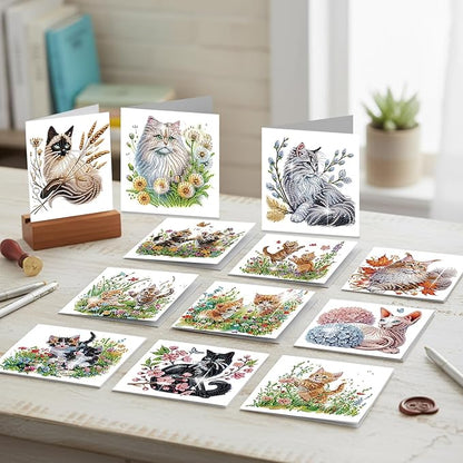 jinglinhh 12pcs Sphynx Cat Diamond Art Painting Kitten in the Flower Garden Greeting Cards with Envelopes, DIY Card Making Kits for Adults, Diamond Art Christmas Birthday Holiday cards Craft Gifts