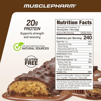 MusclePharm Combat Sport Bar, Chocolate Peanut Butter Cup, High Protein Bars, Combat Cravings, Fuel Performance & Meet Energy Demands, 20g Protein from Whey Protein, 5g Fiber, Gluten Free, 12 Bars