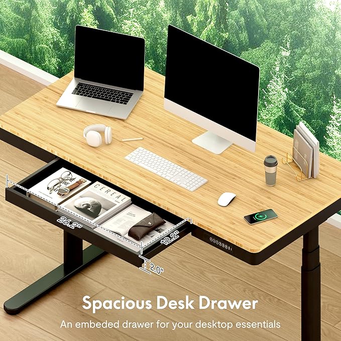 FLEXISPOT Q8 55" Bamboo Standing Desk, Dual Motor 3 Stages Adjustable Height Electric Computer Workstation w/Wireless Charging, Drawer, Quick Install, 220lbs Capacity (Bamboo Tabletop + Black Frame)