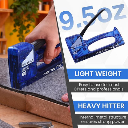 HAUSHOF Light Duty Staple Gun, Upholstery Staple Gun with 800PCS JT21 Staples and Stapler Remover, Fits JT21 Staple of 1/4'', 5/16'' & 3/8'', Used for Wood, Classroom, Crafts, DIY (Blue Transparent)