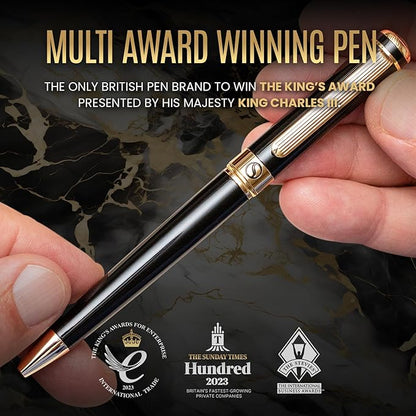 Scriveiner Personalized Black Ballpoint Pen - Stunning Luxury Pen, Jet Black Lacquer, Real Gold Plating, Schmidt Ink Refill, Best Engraved Ball Point Gift Set for Men & Women, Custom Name Engraving