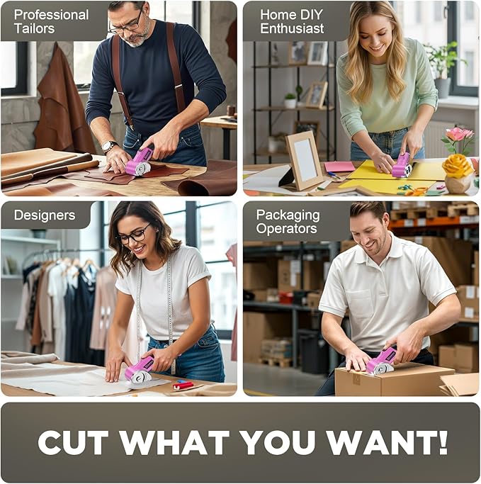 Cordless Electric Scissors: 4V Rechargeable Rotary Cardboard Cutter, 3000mAh Battery, with LED Light, 2 Blades, Box Cutter for Fabric Carpet Carton Plastic Leather Cloth (Pink)