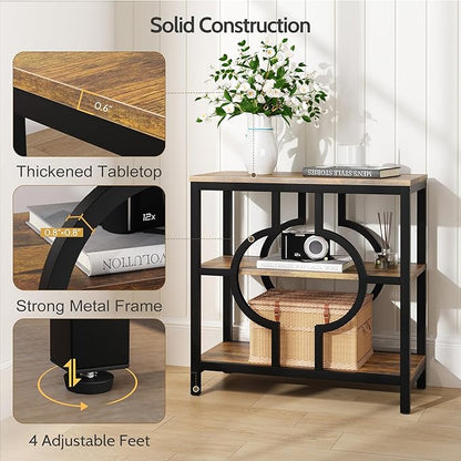 End Table, Narrow Side Table with 3-Tier Storage Shelves, Wood Sofa Side Table with Geometric Metal Frame for Living Room, Industrial Bedside Nightstand for Bedroom (Brown)