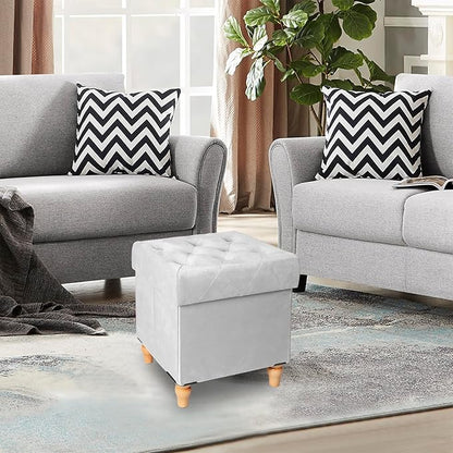 CAROLMADE Folding Storage Ottoman Cube Velvet Footstool with Wood Legs Ottoman Footrest for Living Room and Bedroom, Grey 15"x12.6"x15.4”