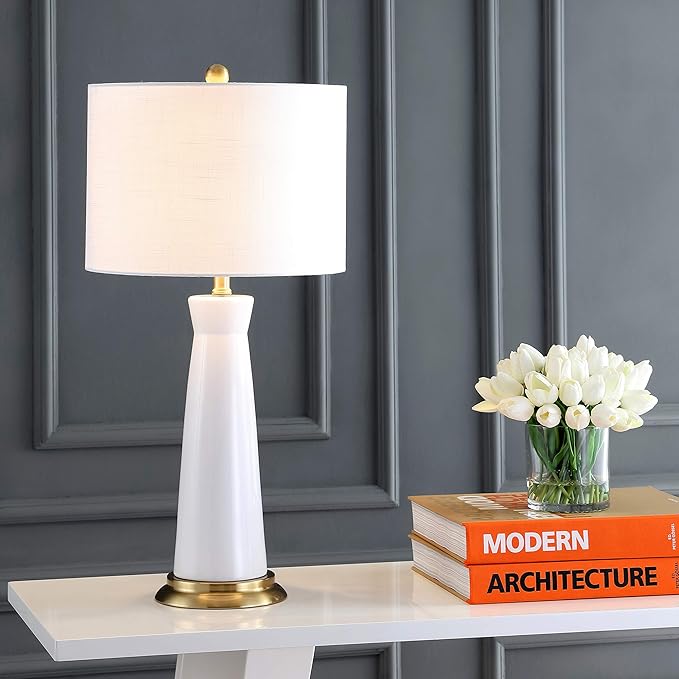 JONATHAN Y JYL3046B Hartley 29" Ceramic Column LED Table Lamp Contemporary Transitional Bedside Desk Nightstand Lamp for Bedroom Living Room Office College Bookcase, White/Brass Gold