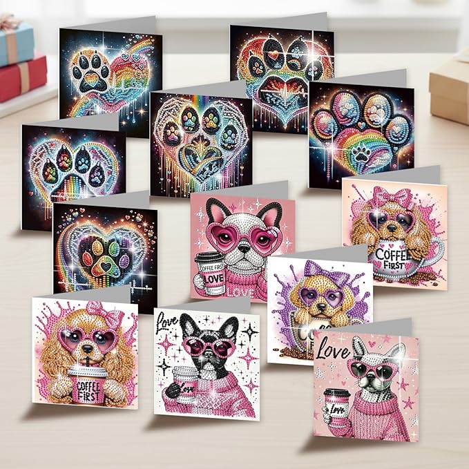 jinglinhh 12pcs Diamond Art Painting Dog Paws Greeting Cards with Envelopes, DIY Card Making Kits for Adults, Diamond Art Christmas Cards for Birthday Holiday Postcards Craft Gifts