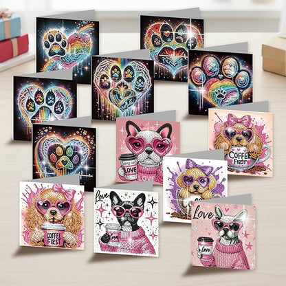 jinglinhh 12pcs Diamond Art Painting Dog Paws Greeting Cards with Envelopes, DIY Card Making Kits for Adults, Diamond Art Christmas Cards for Birthday Holiday Postcards Craft Gifts