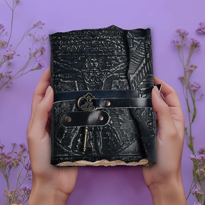 LEATHER VILLAGE Genuine Leather Handmade Journal for Men & Women – Vitruvian Man Embossed Cover – Key Closure – Book of Shadow – Vintage Deckle Edge Paper for Writing, Drawing – 7x5 Inches – Turquoise