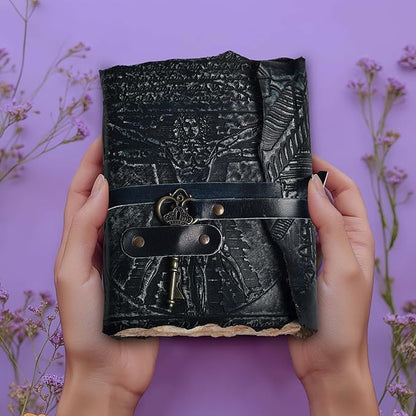 LEATHER VILLAGE Genuine Leather Handmade Journal for Men & Women – Vitruvian Man Embossed Cover – Key Closure – Book of Shadow – Vintage Deckle Edge Paper for Writing, Drawing – 7x5 Inches – Turquoise