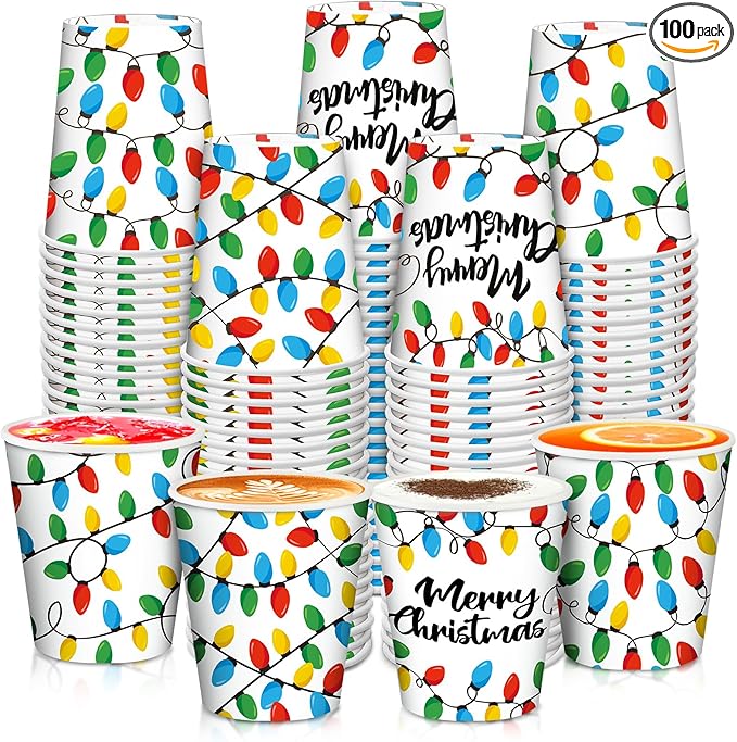 Funtery 100 Pieces Christmas Paper Cups Disposable Coffee Light Bulbs Insulated Coffee Paper Cups 9 Ounce Drinking Tea Christmas for Daily Use Holiday Party