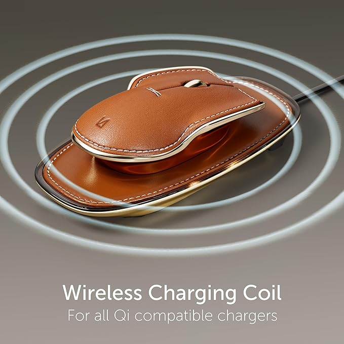 LUNAR ARTEFACTS Ambidextrous Rechargeable Bluetooth Wireless Computer Mouse Black French Leather and Gold Tone Plated Aluminum, Qi Enabled USB-C