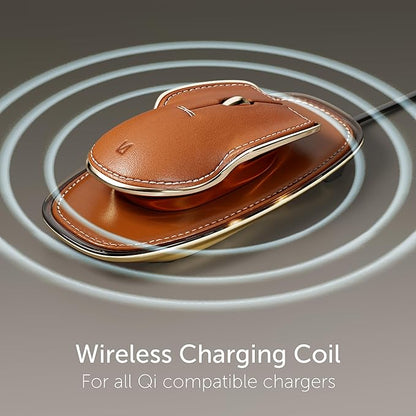 LUNAR ARTEFACTS Ambidextrous Rechargeable Bluetooth Wireless Computer Mouse Black French Leather and Gold Tone Plated Aluminum, Qi Enabled USB-C