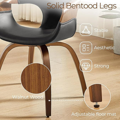 Art Leon Desk Chair No Wheels, Mid Century Modern Office Chair, Faux Leather Upholstered Swive Chair with Wood Legs for Living Room Bedroom, Walnut Bentwood, Black/Walnut