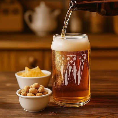 Monogram Beer Glasses for Men (A-Z) 16 oz - Beer Gifts for Men Brother Son Dad Neighbor - Unique Gifts for Him - Personalized Drinking Gift Beer Glass Mugs - Engraved Beer Can Glass (W)