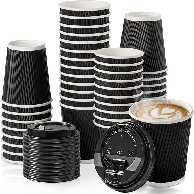 Fit Meal Prep 250 Pack 8 oz Black Disposable Coffee Cups with Lids & Stirrers, Corrugated Triple Wall To Go Hot Cups, Insulated Paper Coffee Cups for Hot Beverages, Travel, Home, Office (Black Lids)