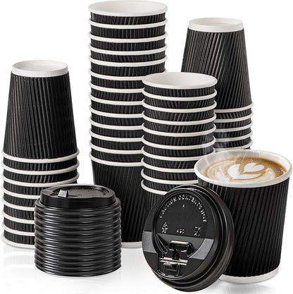 Fit Meal Prep 250 Pack 8 oz Black Disposable Coffee Cups with Lids & Stirrers, Corrugated Triple Wall To Go Hot Cups, Insulated Paper Coffee Cups for Hot Beverages, Travel, Home, Office (Black Lids)