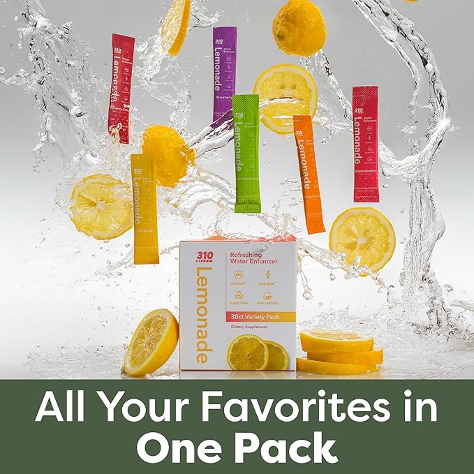 310 Nutrition Lemonade Sugar-Free Water Flavoring Packets - Powdered Drink Mixes & Flavorings with Alkalizing Minerals - Water Enhancer Packets for Energy & Instant Hydration - Variety 30 Singles