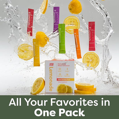 310 Nutrition Lemonade Sugar-Free Water Flavoring Packets - Powdered Drink Mixes & Flavorings with Alkalizing Minerals - Water Enhancer Packets for Energy & Instant Hydration - Variety 30 Singles