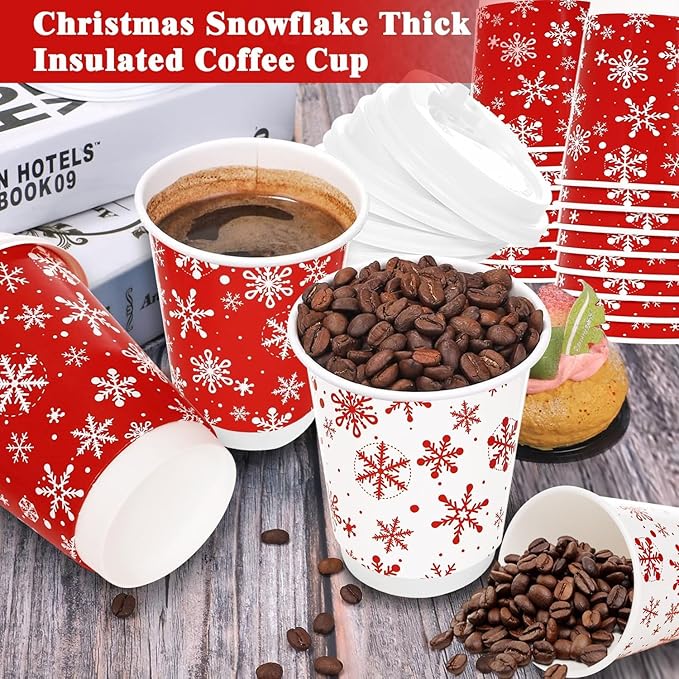100 Count Snowflake Paper Cups 12 oz Christmas Paper Cups Disposable Red Snowflake Coffee Cups with Leak Proof Lids and and Stirrers Extra Thick Insulated Beverage Cups for Hot & Cold Liquids