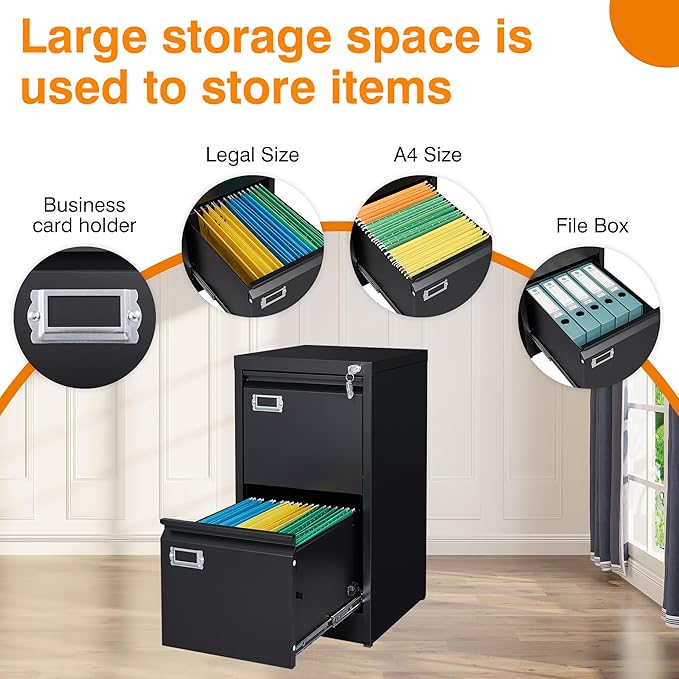 2 Drawer File Cabinet with Lock, Metal Vertical File Storage Cabinet, 18" Deep Vertical Filing Cabinets for Home Office to Hanging A4 Legal/Letter Size, Assembly Required (2 Drawer - Black)