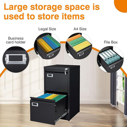 2 Drawer File Cabinet with Lock, Metal Vertical File Storage Cabinet, 18" Deep Vertical Filing Cabinets for Home Office to Hanging A4 Legal/Letter Size, Assembly Required (2 Drawer - Black)