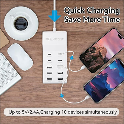 USB Charging Station with 6 USB-A & 4 USB-C Ports, 50W 10A USB Charging Block for Smart Phone, Tablet, Laptop, Multiple Devices - USB Power Strip with Auto-Detect Technology (2 PCS)